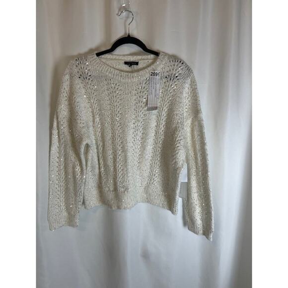1. State Sweaters - Women's 1. State Antique White Sequin Long Sleeve Pullover Sweater Sz M